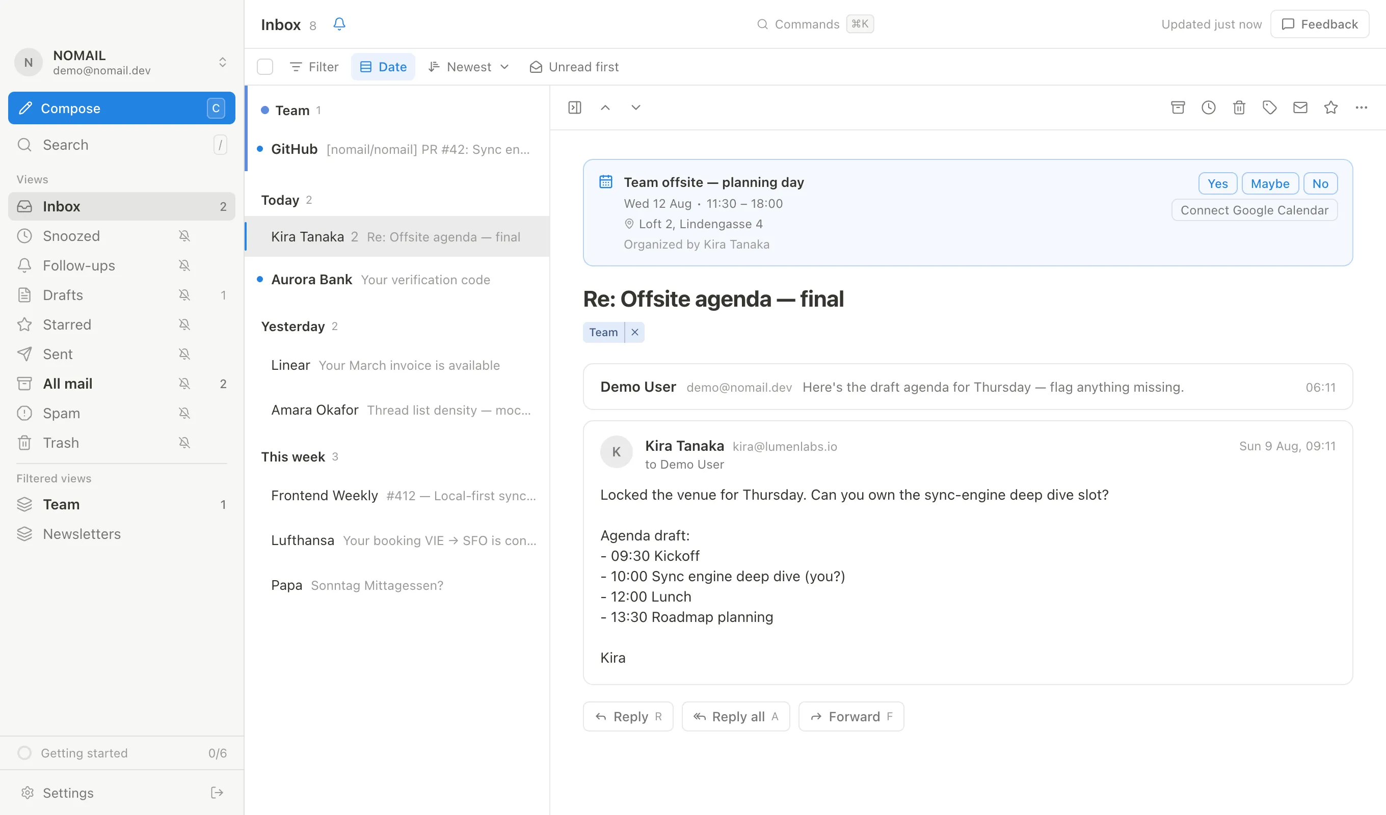 NoMail — split inbox with pinned sections and an open conversation carrying a calendar invite
