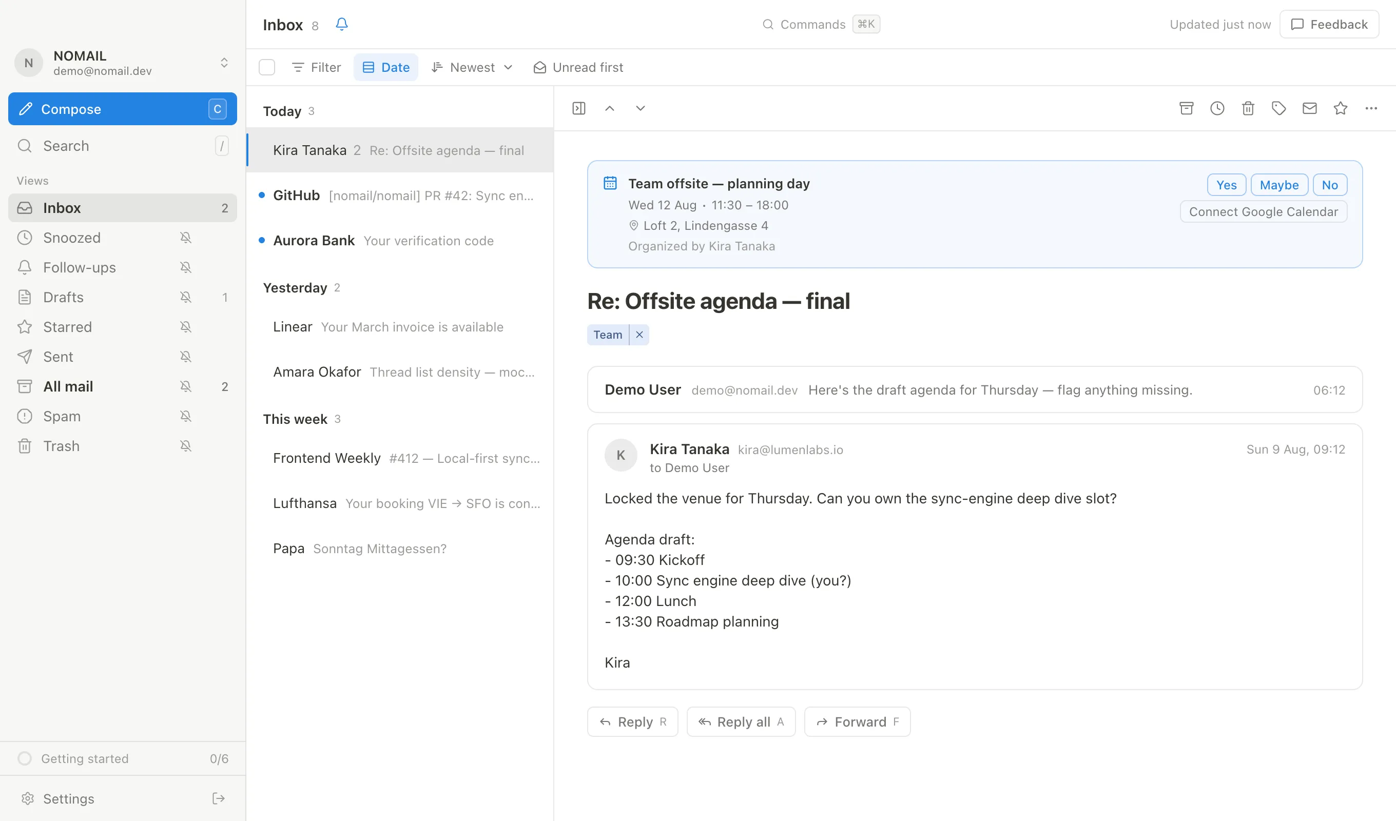 A calendar invite card in a thread, with Yes / Maybe / No RSVP buttons
