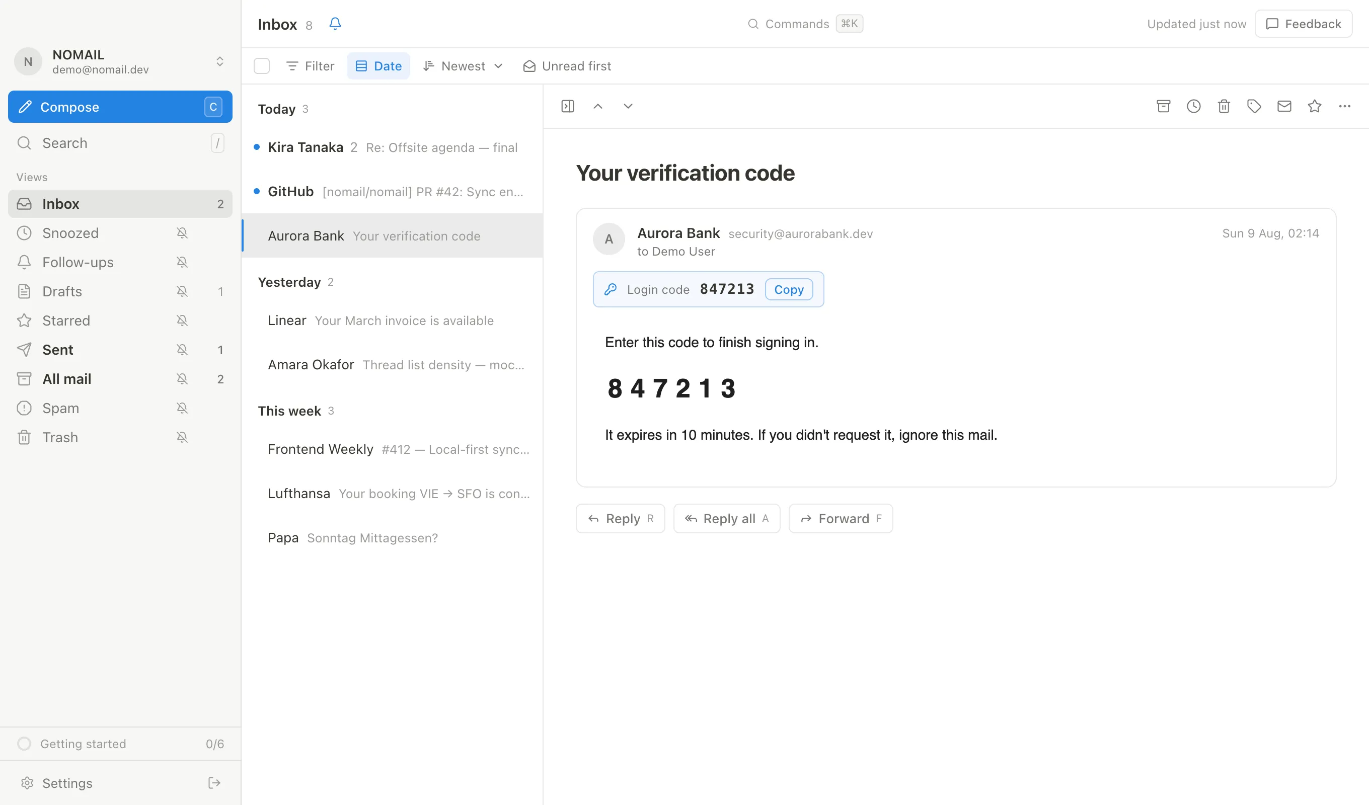 A verification mail with the login code extracted into a Copy pill above the message